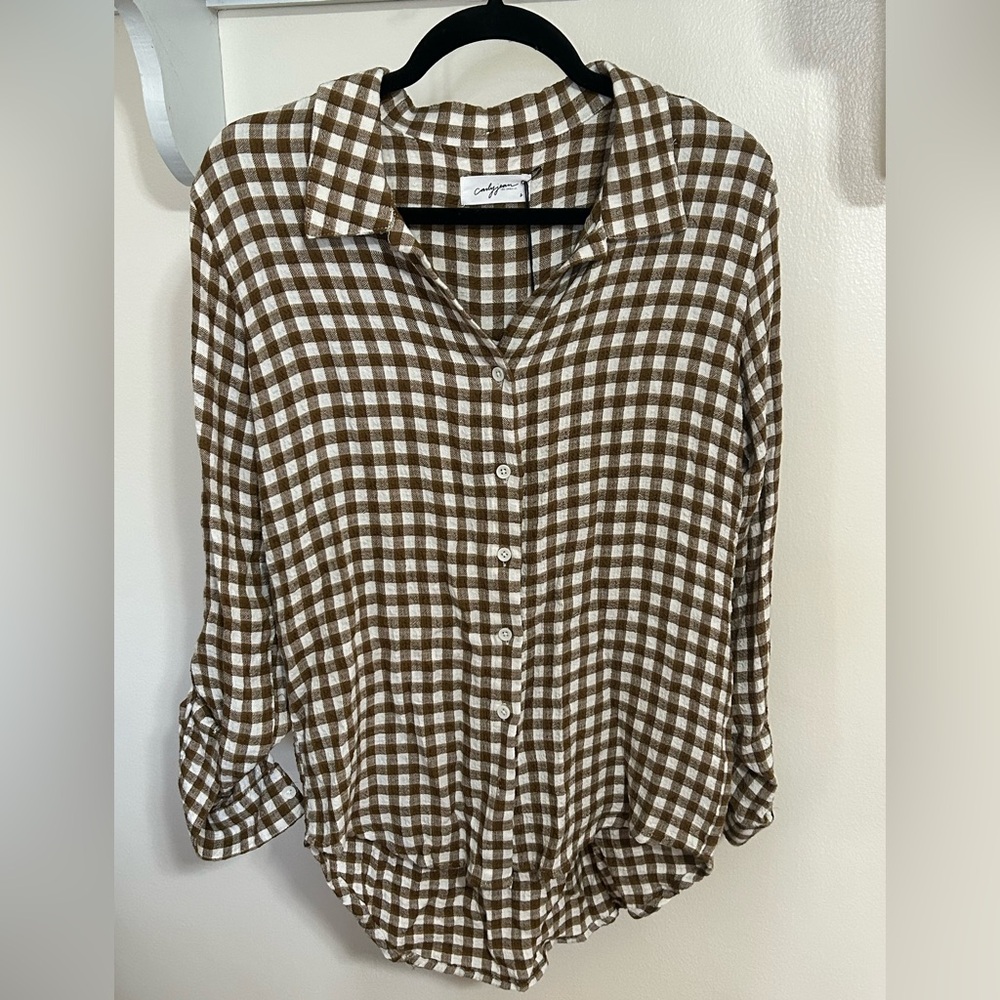 NEW Carly Jean Los Angeles Brown and White Plaid Button Down Shirt